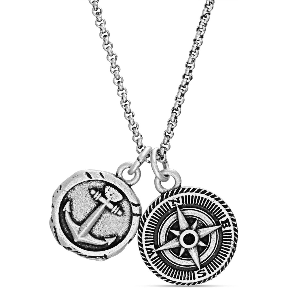 image:imageNautica Anchor Compass Charm Necklace for Men Oxidized Stainless Steel 28 Inches
