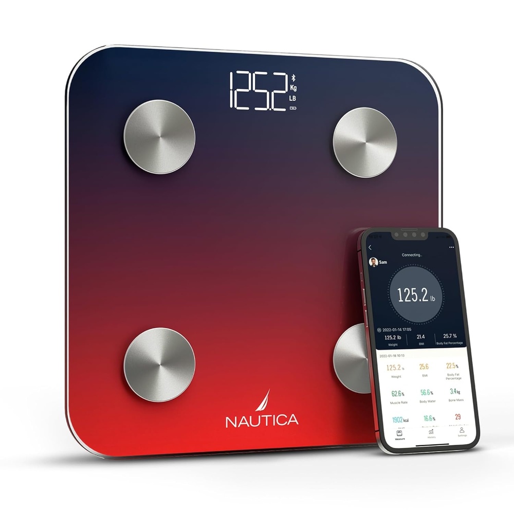 image:imageNautica Body Tracker Digital Bathroom Scale BluetoothEnabled Smart Scale with BMI Body Fat Muscle Mass Tracking amp More Syncs with Smartphone App for Body Composition Tracking 440 LbsNavy Red