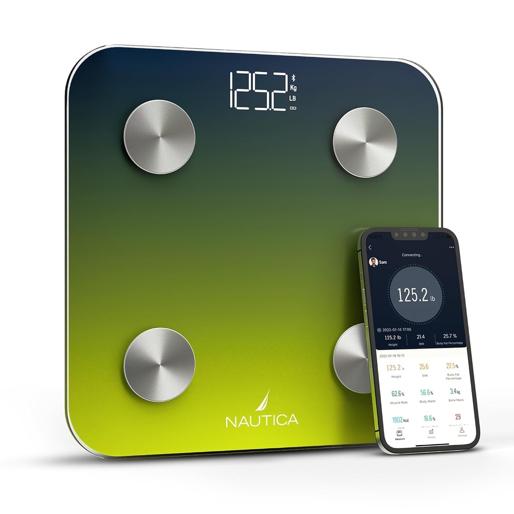 image:imageNautica Body Tracker Digital Bathroom Scale BluetoothEnabled Smart Scale with BMI Body Fat Muscle Mass Tracking amp More Syncs with Smartphone App for Body Composition Tracking 440 LbsNavy Yellow