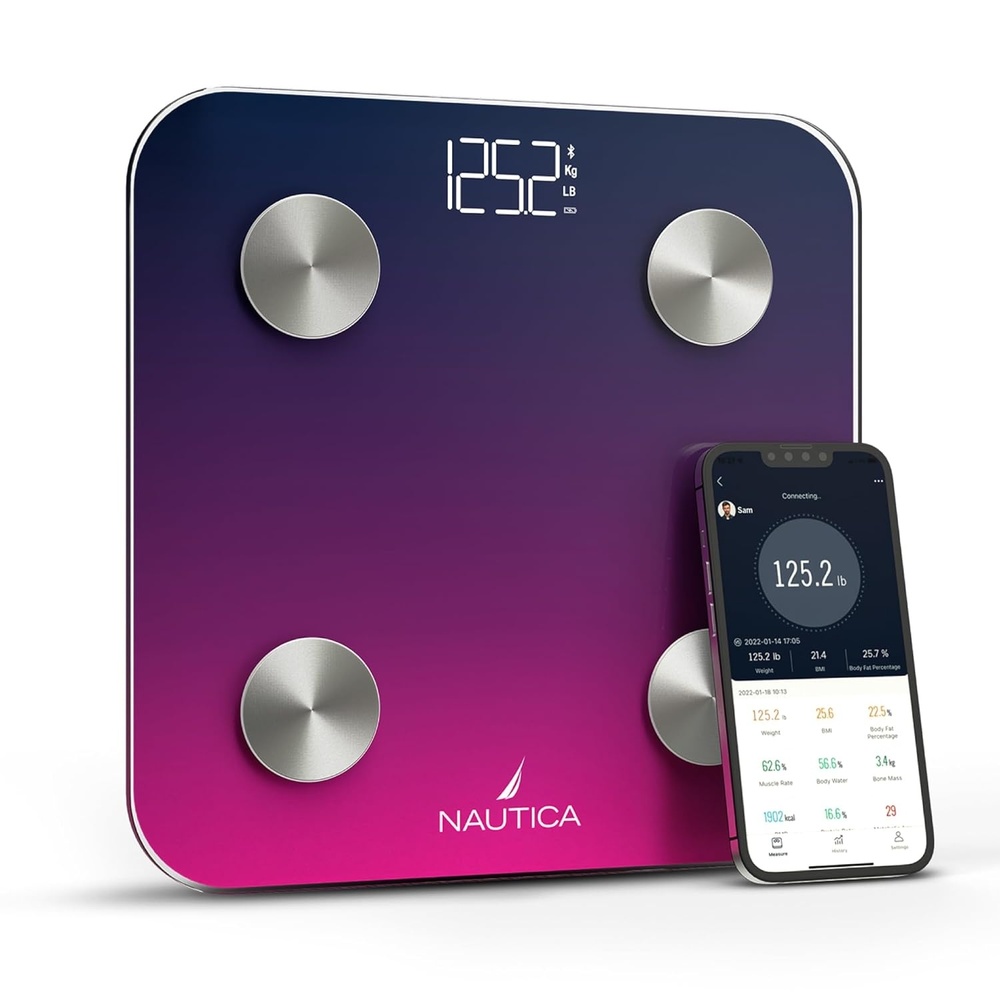 image:imageNautica Body Tracker Digital Bathroom Scale BluetoothEnabled Smart Scale with BMI Body Fat Muscle Mass Tracking amp More Syncs with Smartphone App for Body Composition Tracking 440 LbsNavy Fuschia