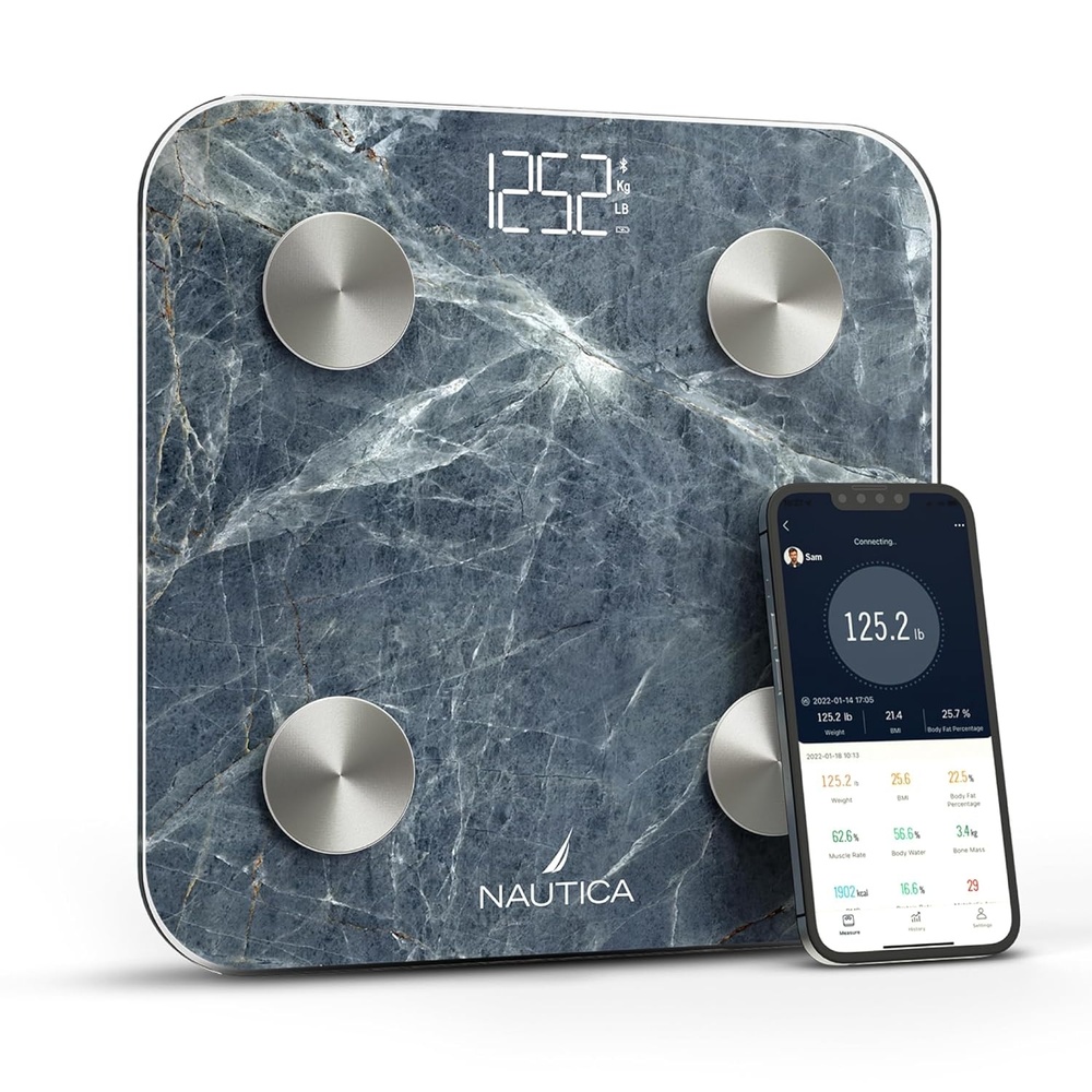 image:imageNautica Body Tracker Digital Bathroom Scale BluetoothEnabled Smart Scale with BMI Body Fat Muscle Mass Tracking amp More Syncs with Smartphone App for Body Composition Tracking 440 LbsAqua Stone