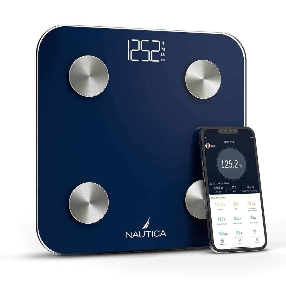 image:imageNautica Body Tracker Digital Bathroom Scale BluetoothEnabled Smart Scale with BMI Body Fat Muscle Mass Tracking amp More Syncs with Smartphone App for Body Composition Tracking 440 LbsNavy