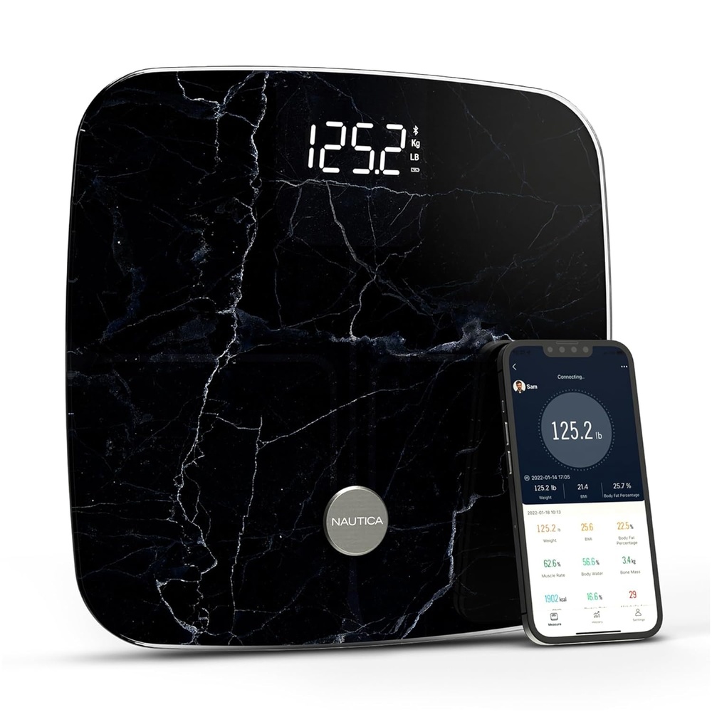image:imageNautica Body Tracker Digital Bathroom Scale BluetoothEnabled Smart Scale with BMI Body Fat Muscle Mass Tracking amp More Syncs with Smartphone App for Body Composition Tracking 440 LbsBlack Stone