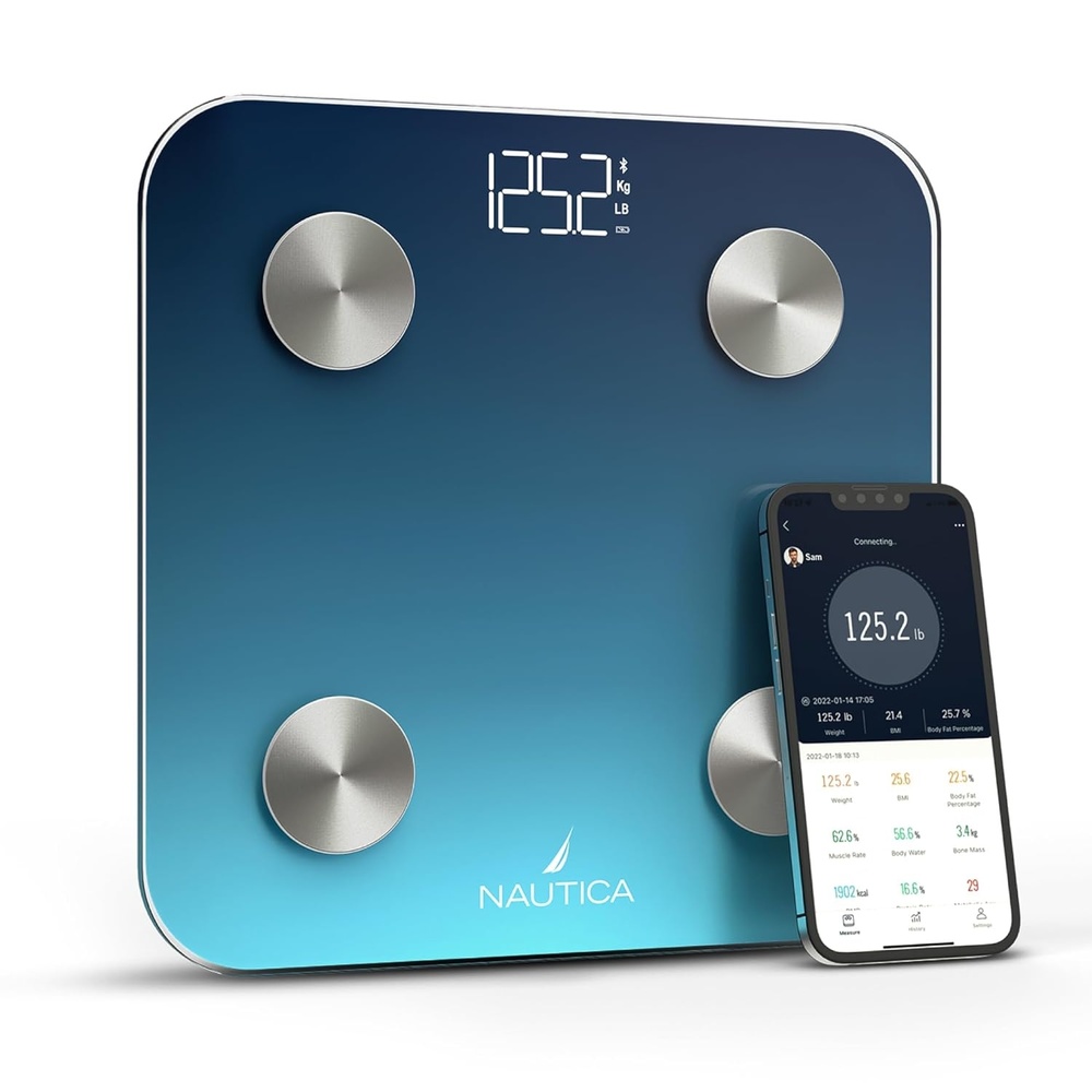 image:imageNautica Body Tracker Digital Bathroom Scale BluetoothEnabled Smart Scale with BMI Body Fat Muscle Mass Tracking amp More Syncs with Smartphone App for Body Composition Tracking 440 LbsNavy Blue