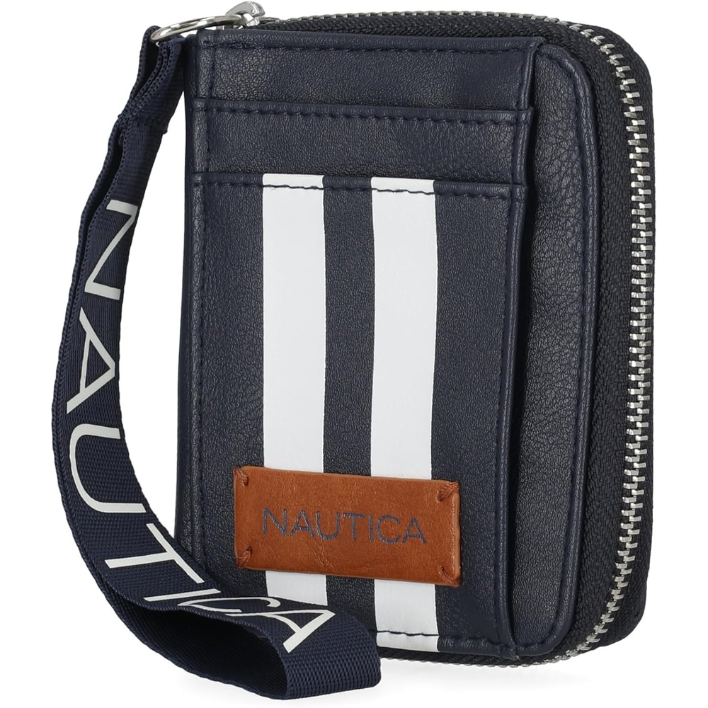 image:imageNautica Everglades Small Wallet for Women Compact Thin Wristlet Credit Card Wallet with ID Window Zippered Coin Purse BlackIndigo RacingStripe
