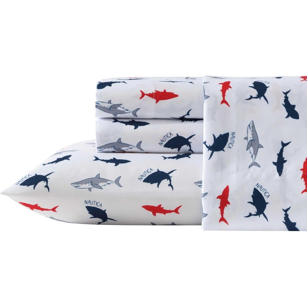 image:imageNautica Kids Twin XL Sheet Set UltraSoft Microfiber Bedding with Fully Elastic Fitted Sheet Coastal Kids Bed Set with Pillowcase Easy Care Bedding Caspian WhalesBranson Sharks Navy