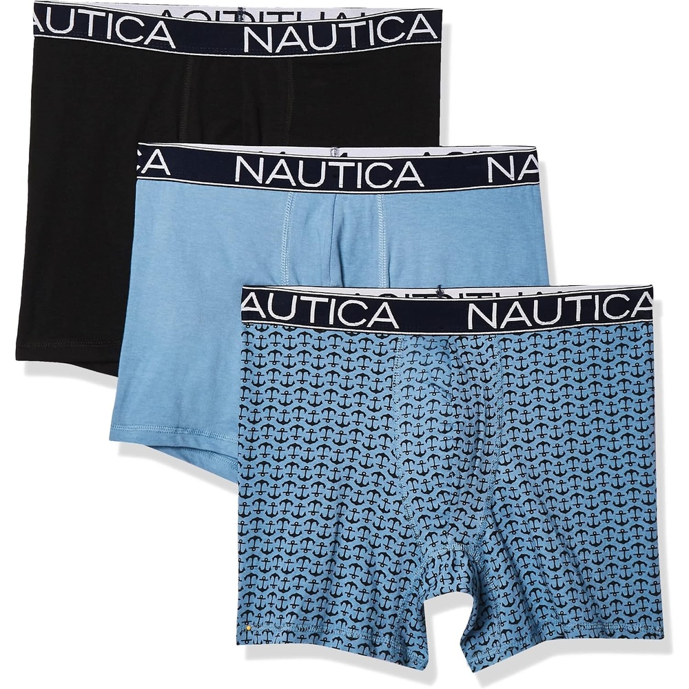 image:imageNautica Mens 3Pack Classic Cotton Stretch Boxer BriefsBlackAero BlueAnchor Print Aero Blue