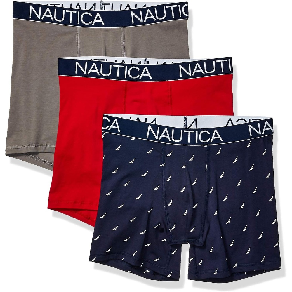 image:imageNautica Mens 3Pack Classic Cotton Stretch Boxer BriefsNautica RedPlatinum GreySail Print Peacoat
