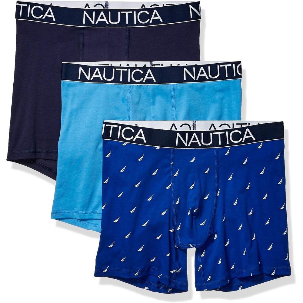 image:imageNautica Mens 3Pack Classic Cotton Stretch Boxer BriefsPeacoatAero BlueSail Printsurf the Web