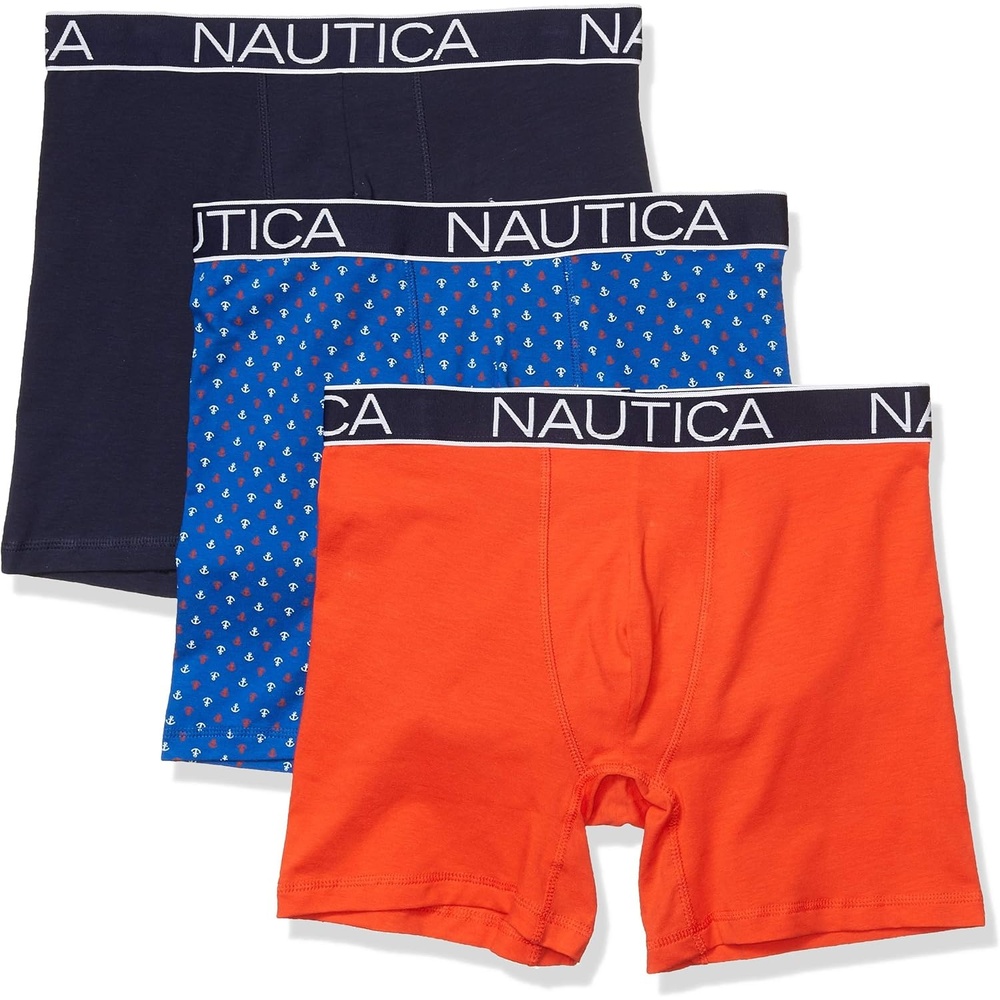 image:imageNautica Mens 3Pack Classic Cotton Stretch Boxer BriefsPeacoatOrange PoppyAnchor Print Cobalt