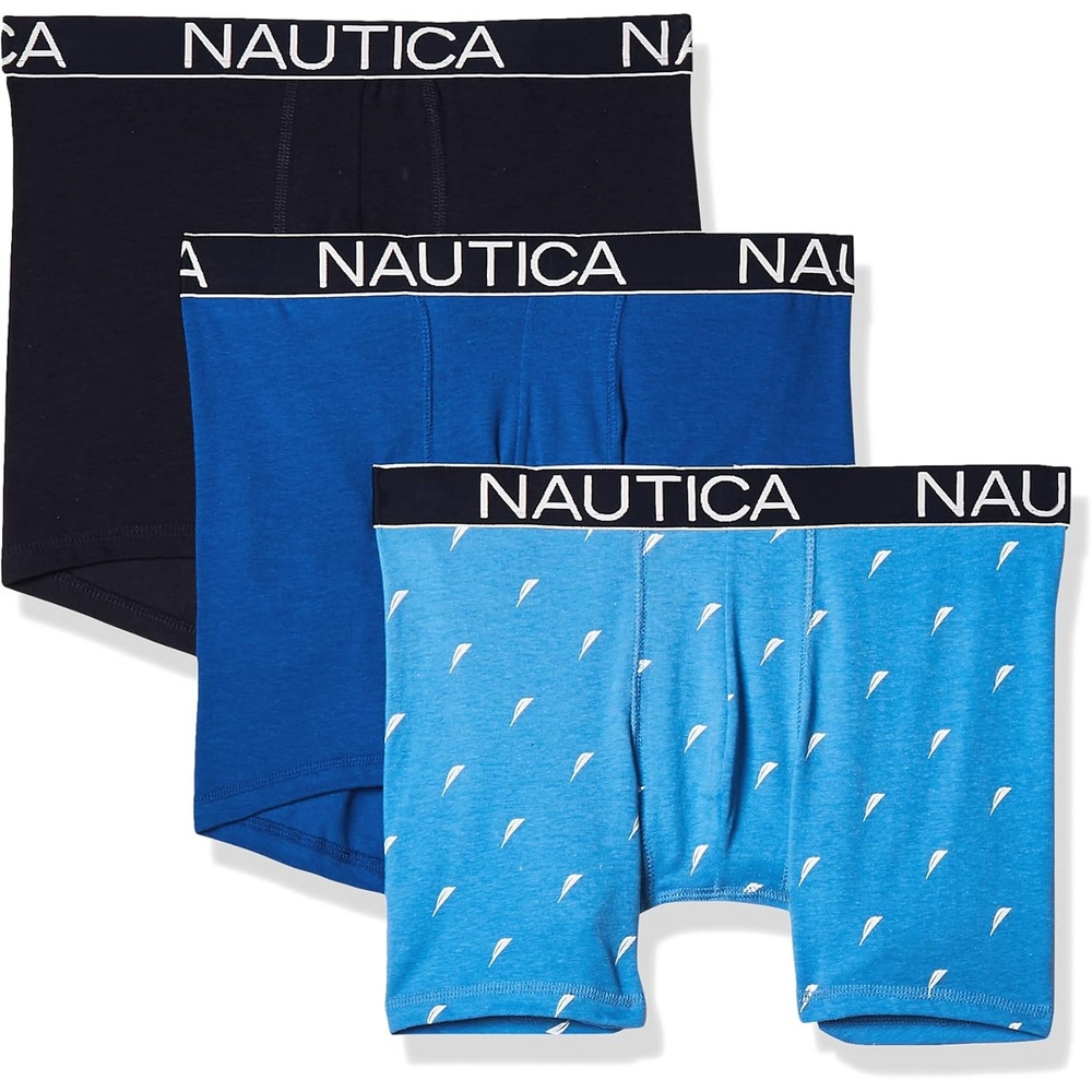 image:imageNautica Mens 3Pack Classic Cotton Stretch Boxer BriefsPeacoatSea CobaltSail Print Aero Blue