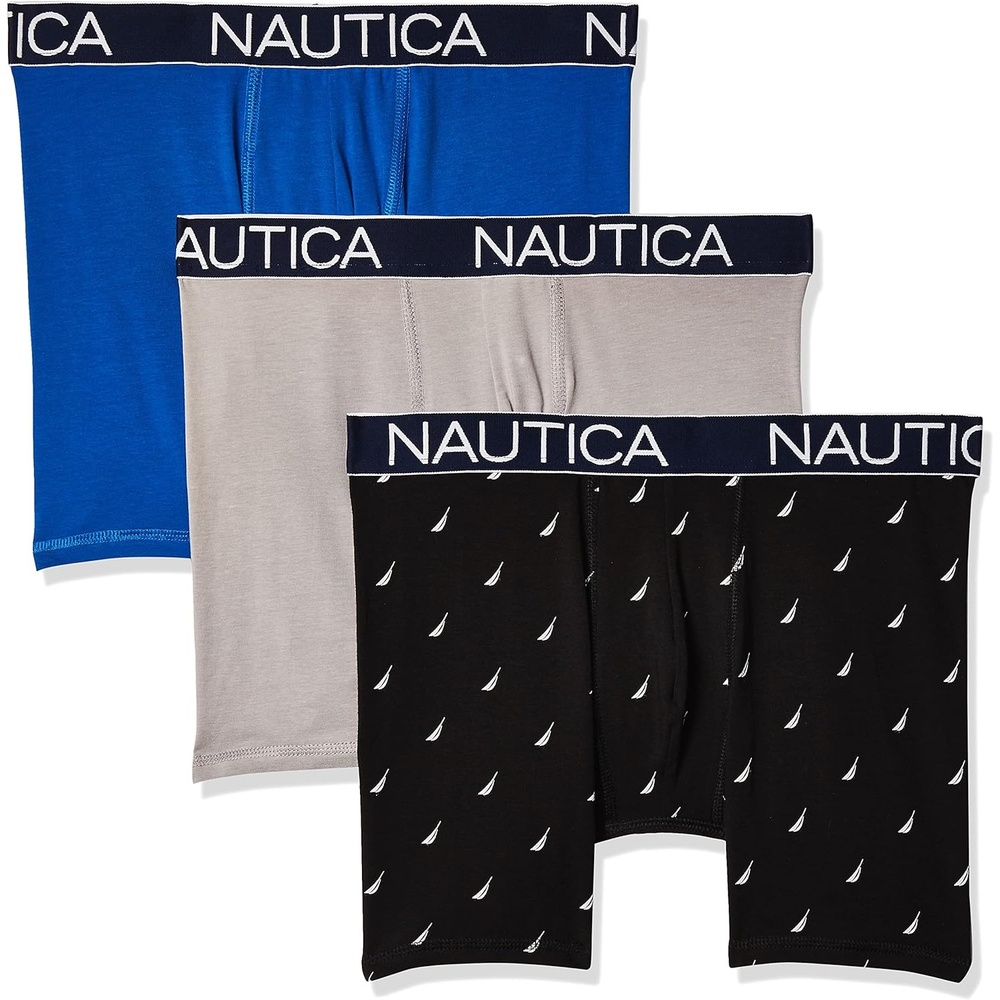 image:imageNautica Mens 3Pack Classic Cotton Stretch Boxer BriefsSea CobaltAlloySail Print Black White