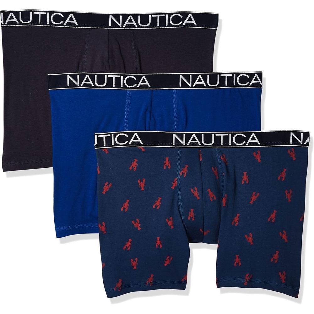 image:imageNautica Mens 3Pack Classic Cotton Stretch Boxer BriefsSea CobaltPeacoatLobster Print Blue