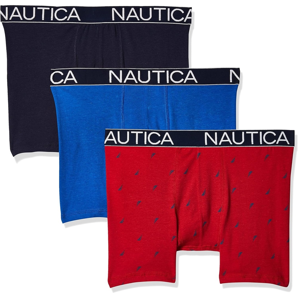 image:imageNautica Mens 3Pack Classic Cotton Stretch Boxer BriefsSea CobaltPeacoatSail Print Nautica Red