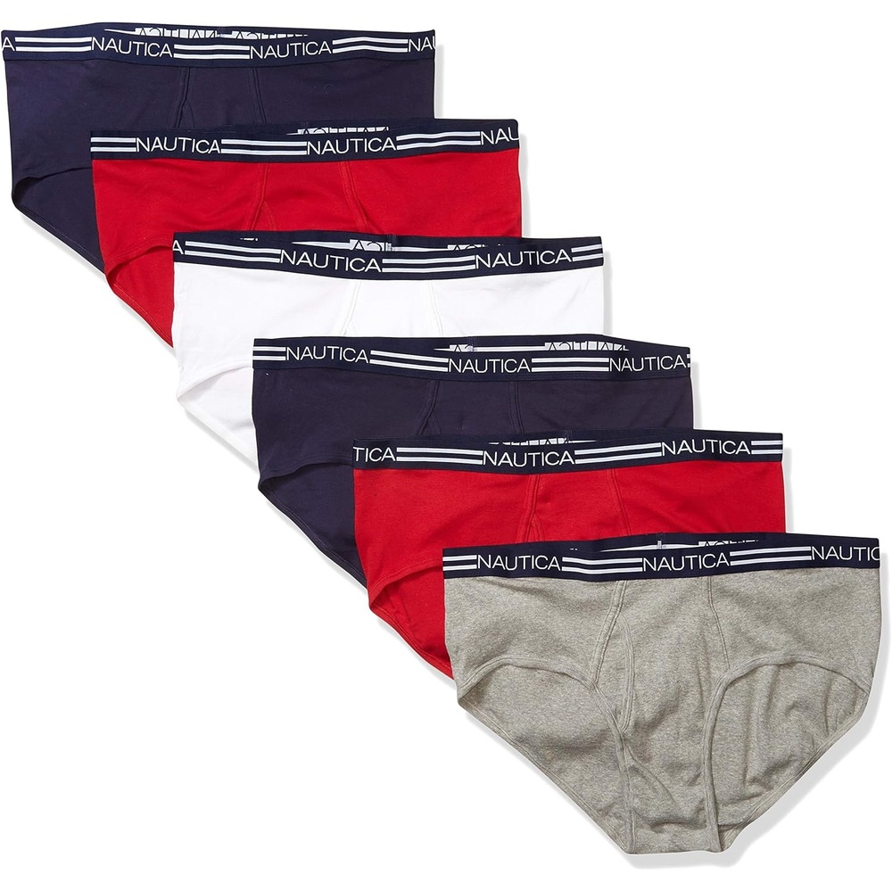 image:imageNautica Mens 6 Pack Classic Cotton Fly Front BriefsPeacoatNautica RedHeather GreyWhite 6 Pack