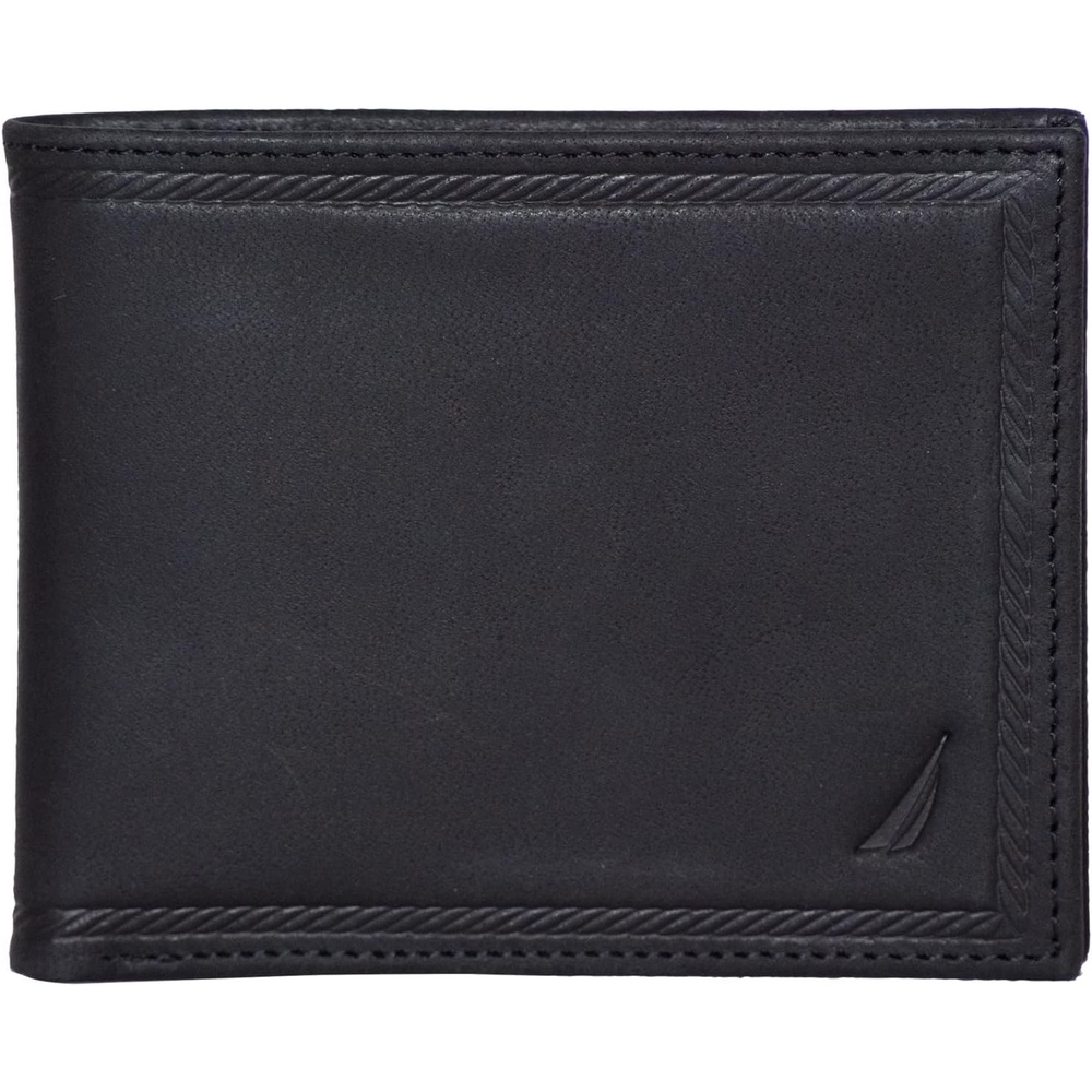image:imageNautica Mens Bifold Leather Wallet RFID Blocking ID Window Card Slots Organization Durable StylishEmbossed Leather Black