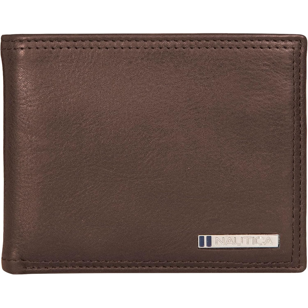 image:imageNautica Mens Bifold Leather Wallet RFID Blocking ID Window Card Slots Organization Durable StylishEnameled Logo Brown