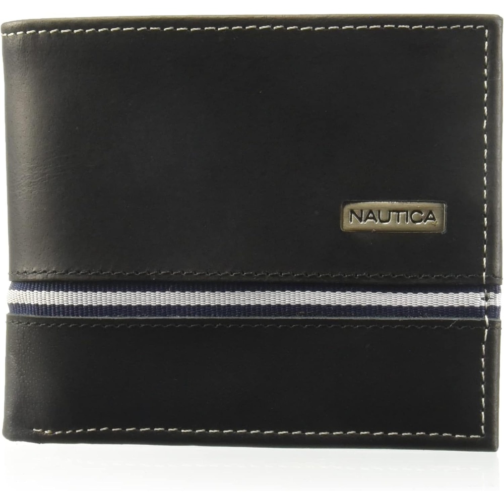 image:imageNautica Mens Bifold Leather Wallet RFID Blocking ID Window Card Slots Organization Durable StylishLogo Ribbon Black