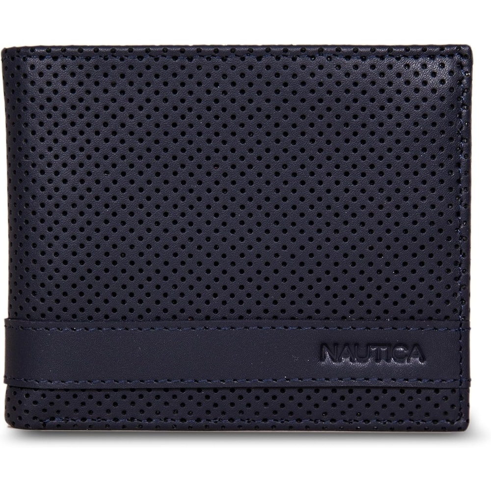 image:imageNautica Mens Bifold Leather Wallet RFID Blocking ID Window Card Slots Organization Durable StylishPerforated Navy