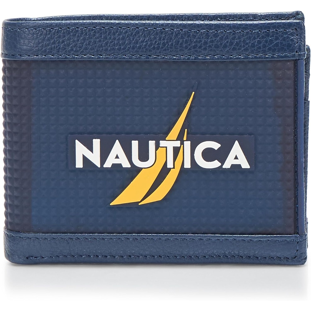 image:imageNautica Mens Bifold Leather Wallet RFID Blocking ID Window Card Slots Organization Durable StylishRubberLeather Navy