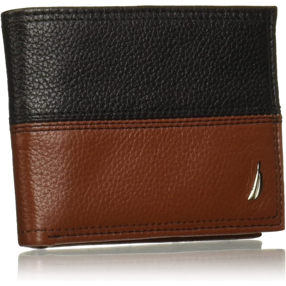 image:imageNautica Mens Bifold Leather Wallet RFID Blocking ID Window Card Slots Organization Durable StylishTwo Tone BlackCognac
