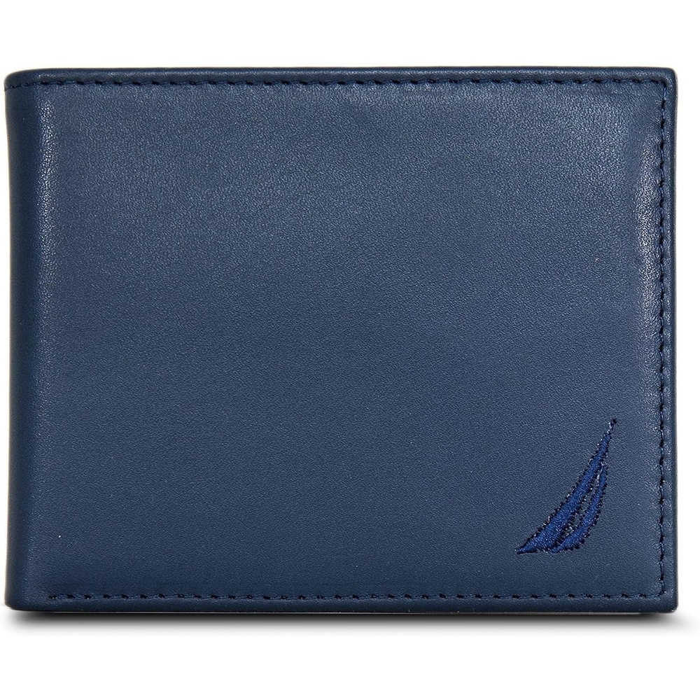 image:imageNautica Mens Bifold Leather Wallet RFID Blocking ID Window Card Slots Organization Durable Stylishmbroidered Sail Navy