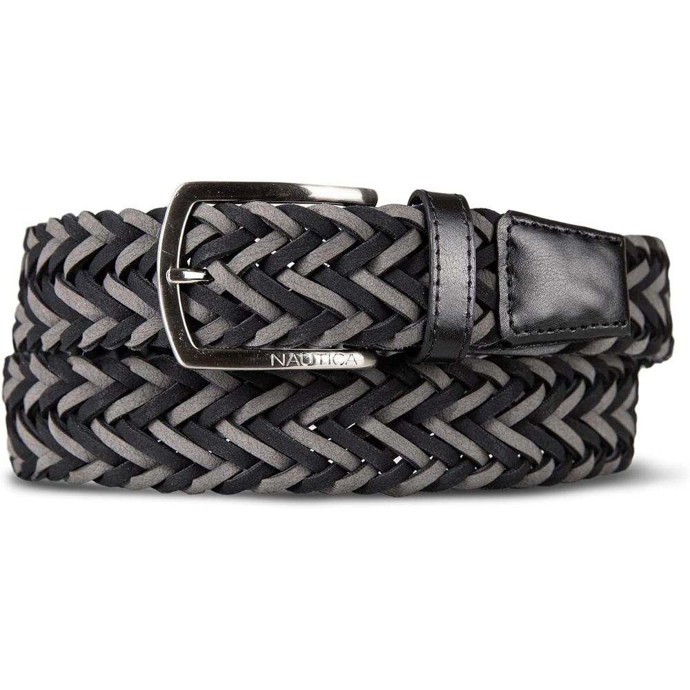 image:imageNautica Mens Casual Leather Belt Everyday Classic Pants Jeans Khakis Chinos Metal BuckleBraided Two Tone BlackGrey