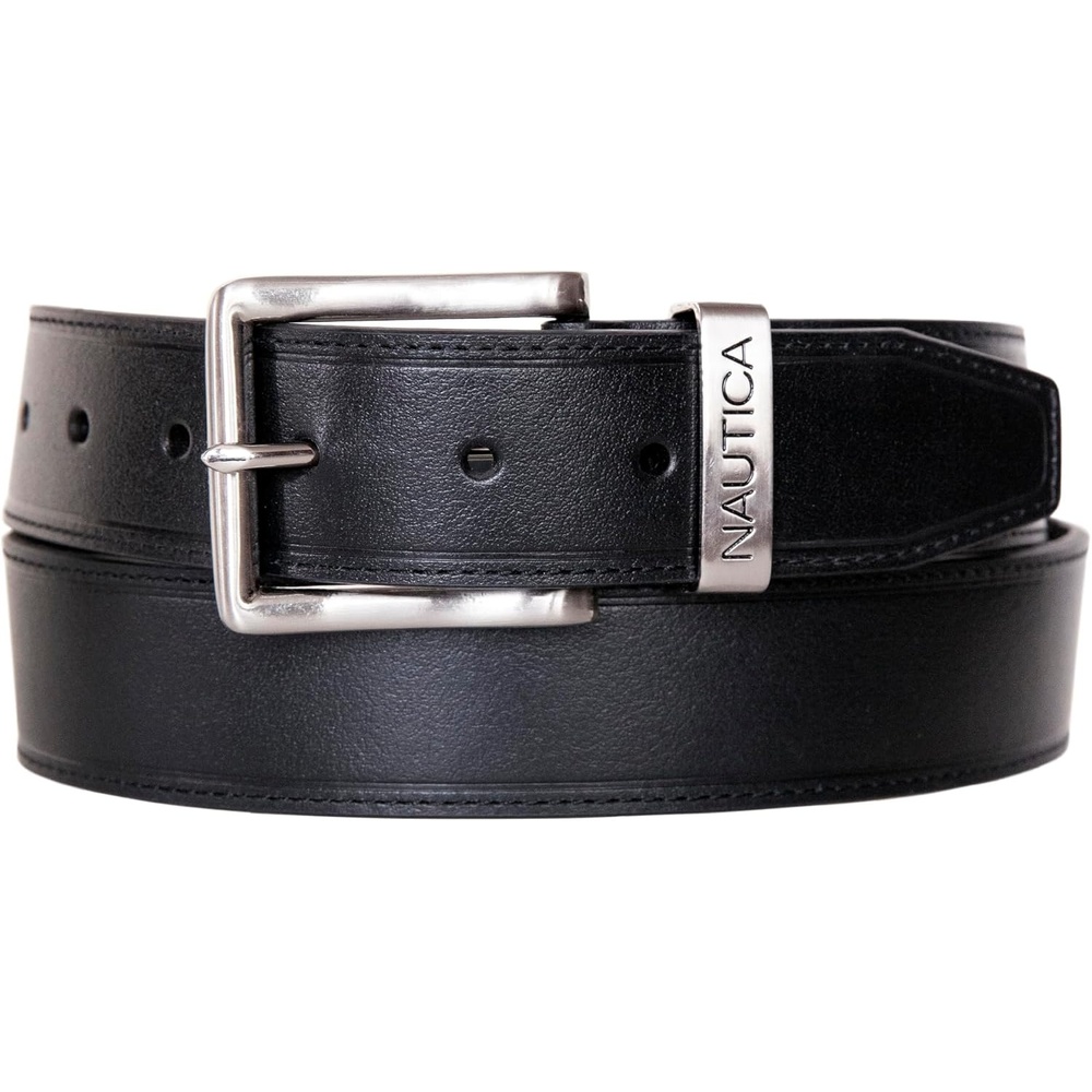 image:imageNautica Mens Casual Leather Belt Everyday Classic Pants Jeans Khakis Chinos Metal BuckleEngraved Keeper Black