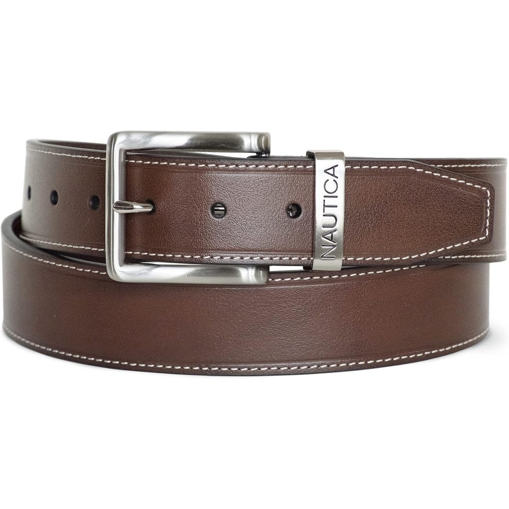 image:imageNautica Mens Casual Leather Belt Everyday Classic Pants Jeans Khakis Chinos Metal BuckleEngraved Keeper Brown