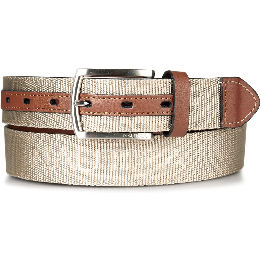 image:imageNautica Mens Casual Leather Belt Everyday Classic Pants Jeans Khakis Chinos Metal BuckleWebbing Logo Khaki