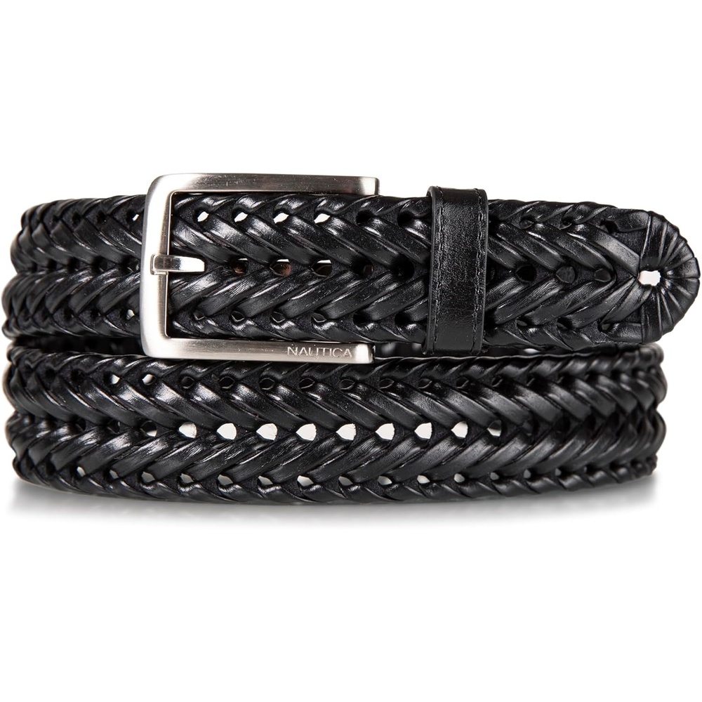 image:imageNautica Mens Casual Leather Belt Everyday Classic Pants Jeans Khakis Chinos Metal BuckleWoven Detail Black