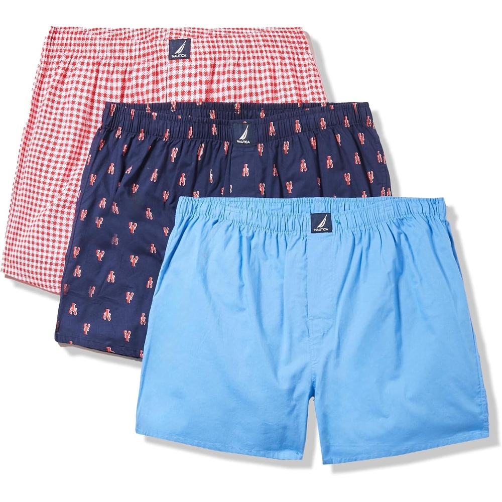 image:imageNautica Mens Classic Cotton 3Pack Woven BoxersAero BlueGingham Rose CoralLobster Print