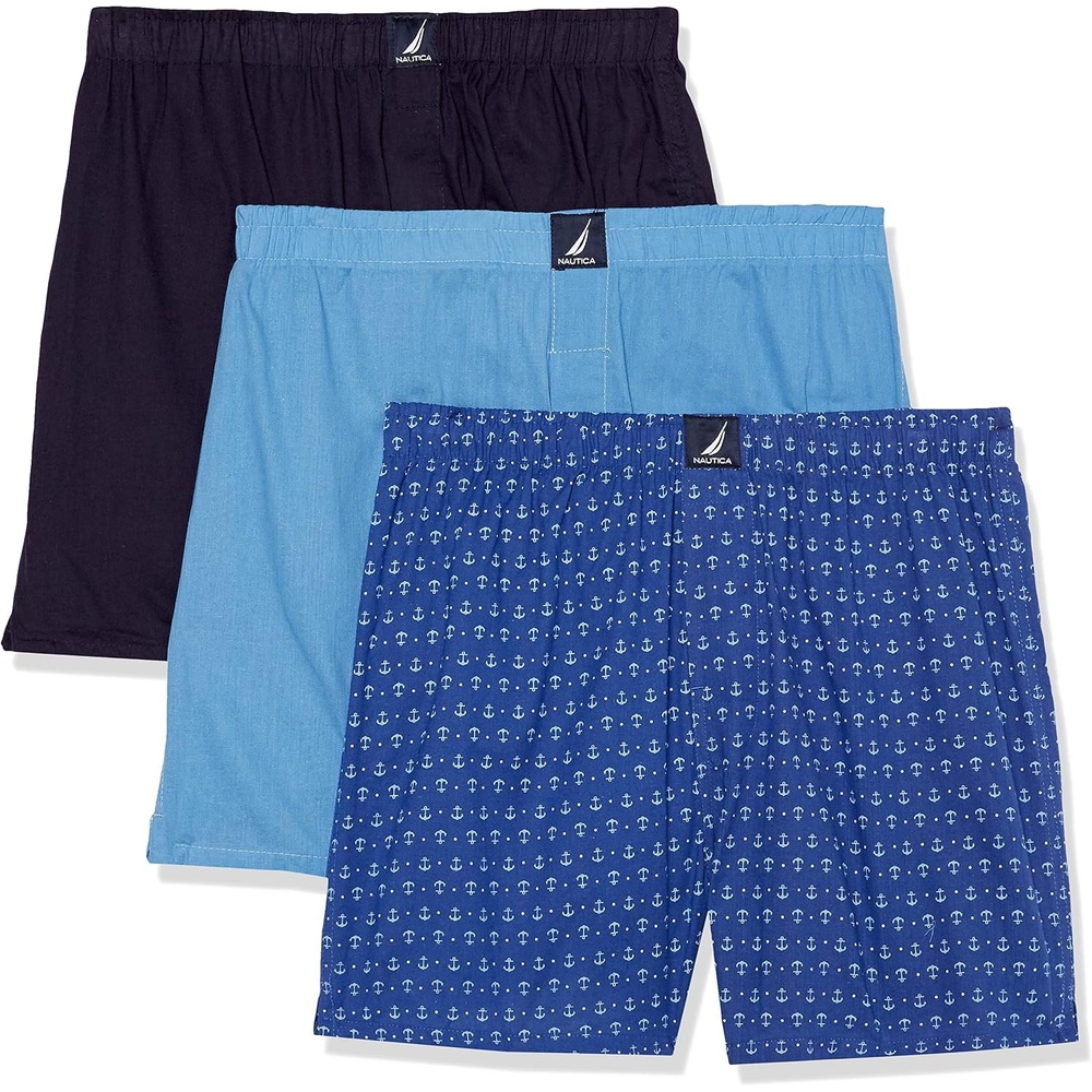 image:imageNautica Mens Classic Cotton 3Pack Woven BoxersAero BluePeacoatAnchor Bright Cobalt