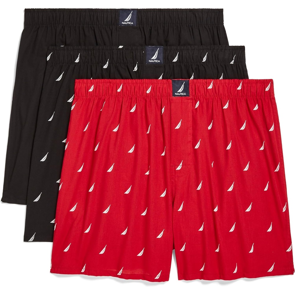 image:imageNautica Mens Classic Cotton 3Pack Woven BoxersBlackSail Black WhiteSail Nautica Red
