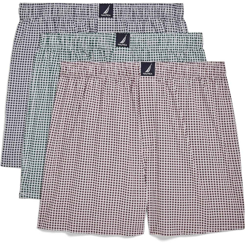 image:imageNautica Mens Classic Cotton 3Pack Woven BoxersGingham PeacoatHunter GreenWine