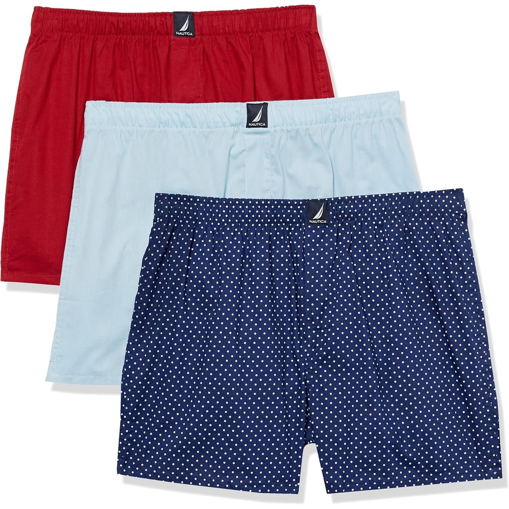 image:imageNautica Mens Classic Cotton 3Pack Woven BoxersNoon BlueNautica RedPolka Dot Print