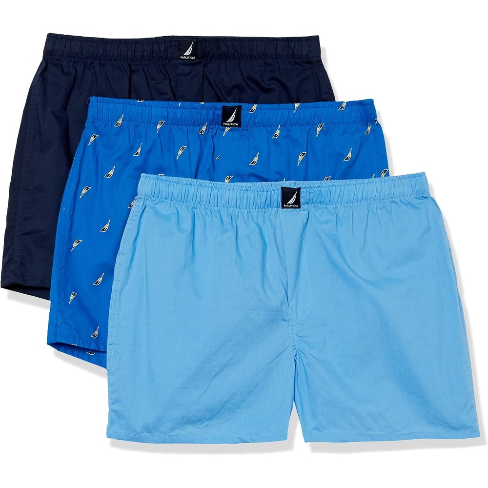 image:imageNautica Mens Classic Cotton 3Pack Woven BoxersPeacoatAero BlueSails Outline