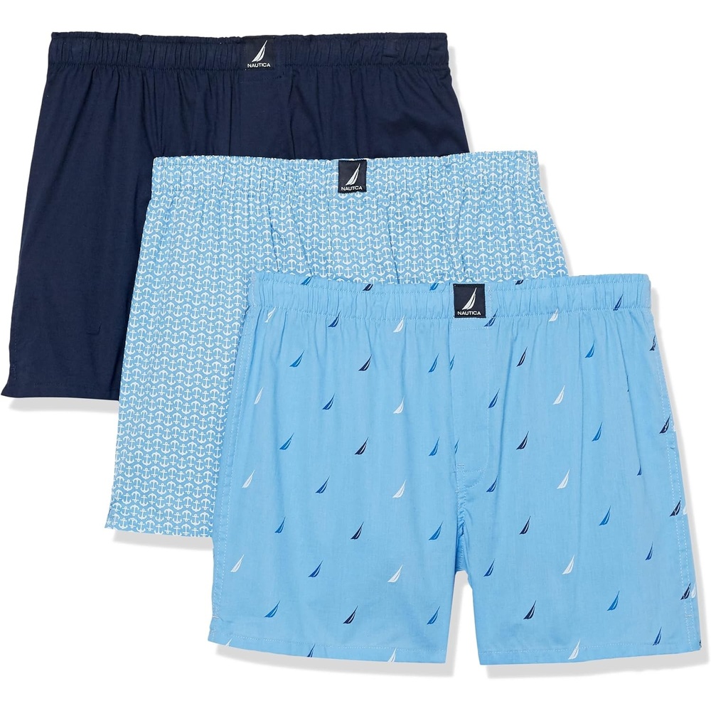 image:imageNautica Mens Classic Cotton 3Pack Woven BoxersPeacoatAnchor Print AeroMulti Sails Aero