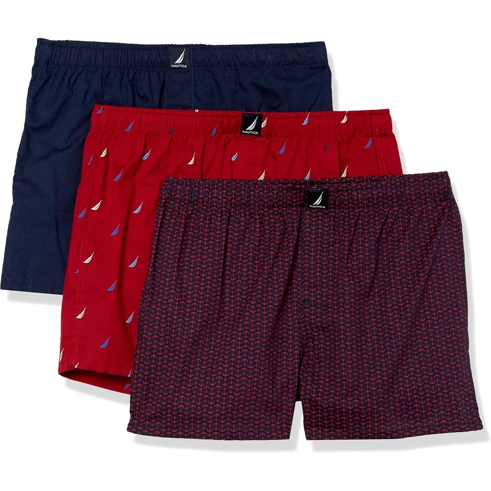 image:imageNautica Mens Classic Cotton 3Pack Woven BoxersPeacoatAnchor PrintMulti Sails Red