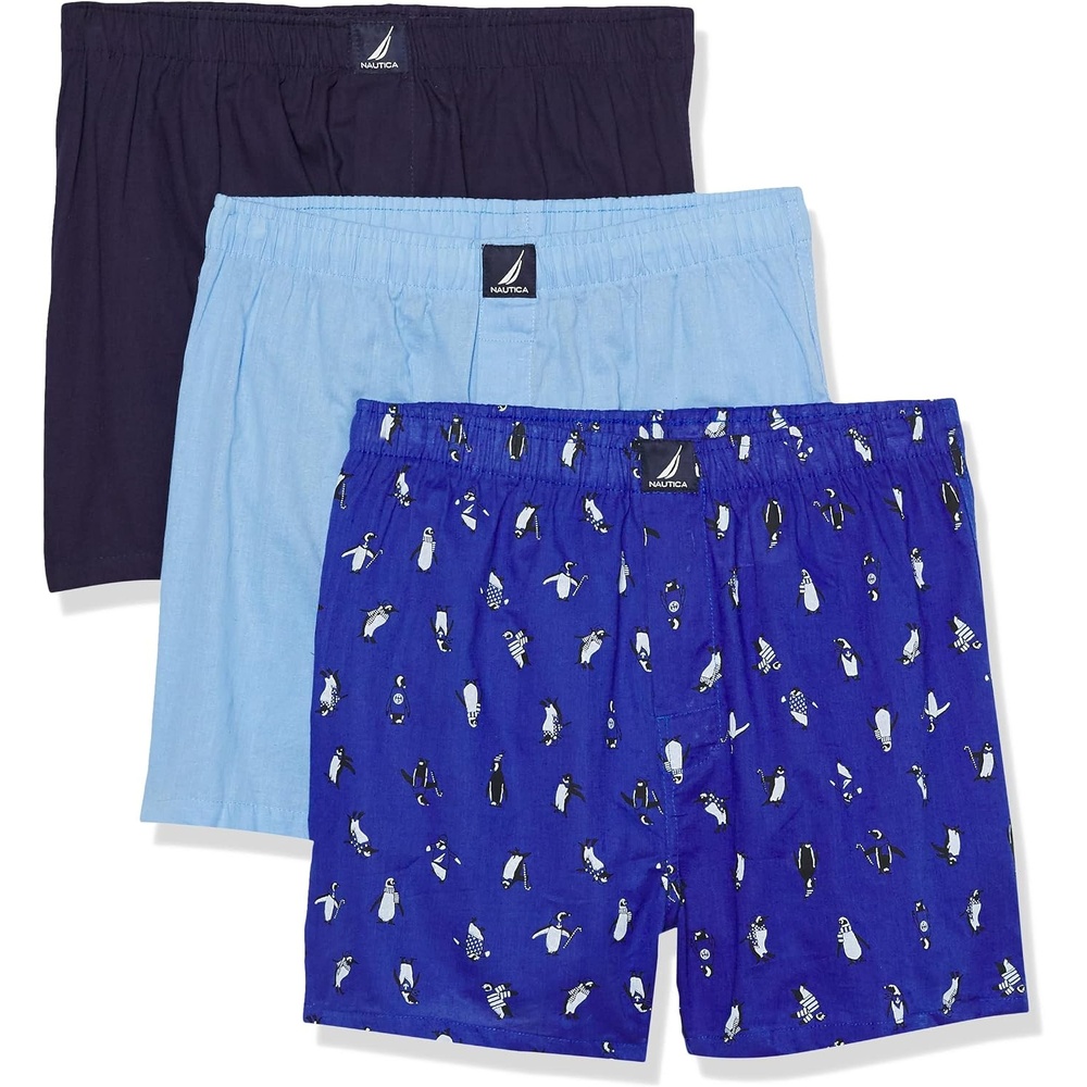 image:imageNautica Mens Classic Cotton 3Pack Woven BoxersPeacoatCoastal SkyPenguinsocean Lapis