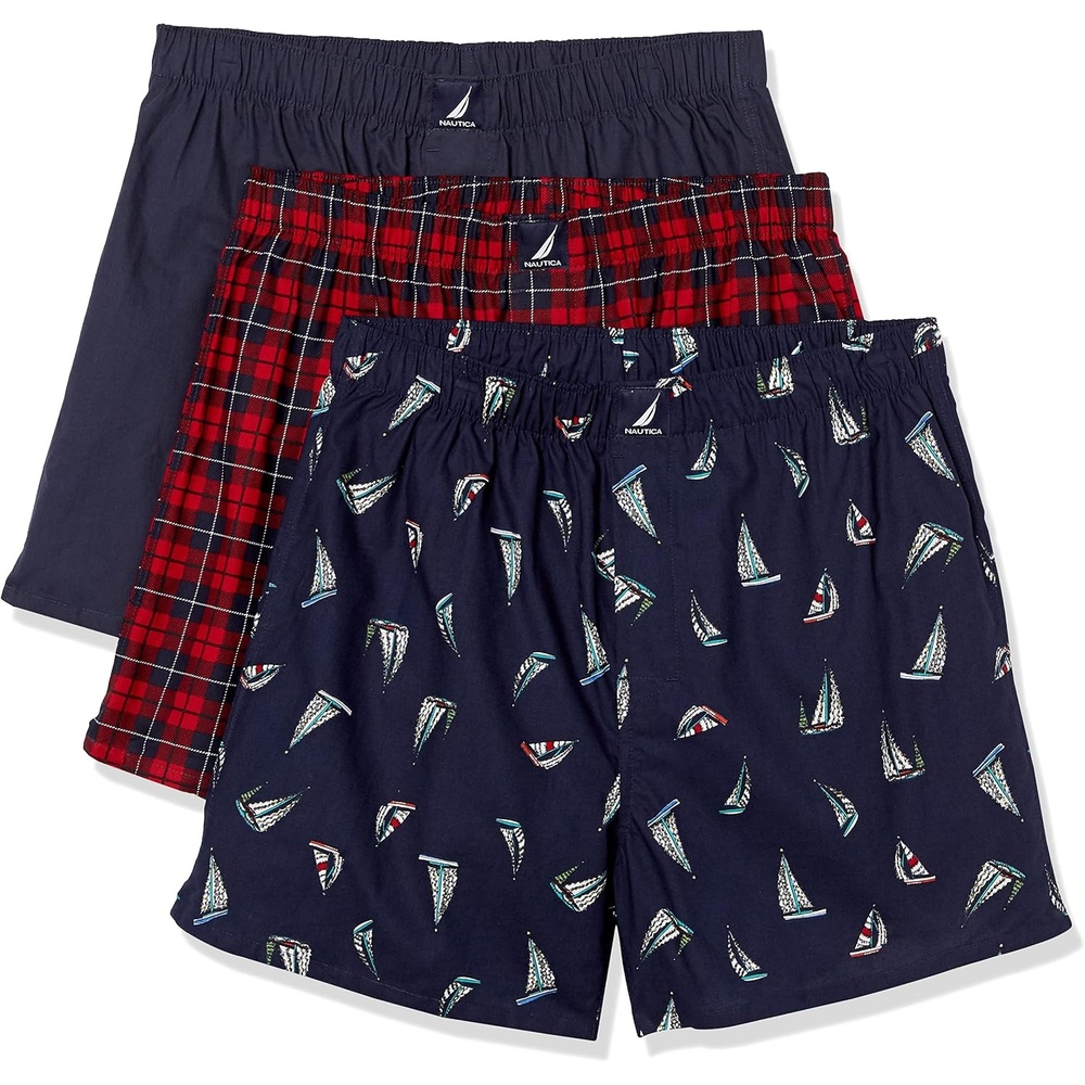 image:imageNautica Mens Classic Cotton 3Pack Woven BoxersPeacoatWinter Plaid RedHoliday Sailboats Peacoat