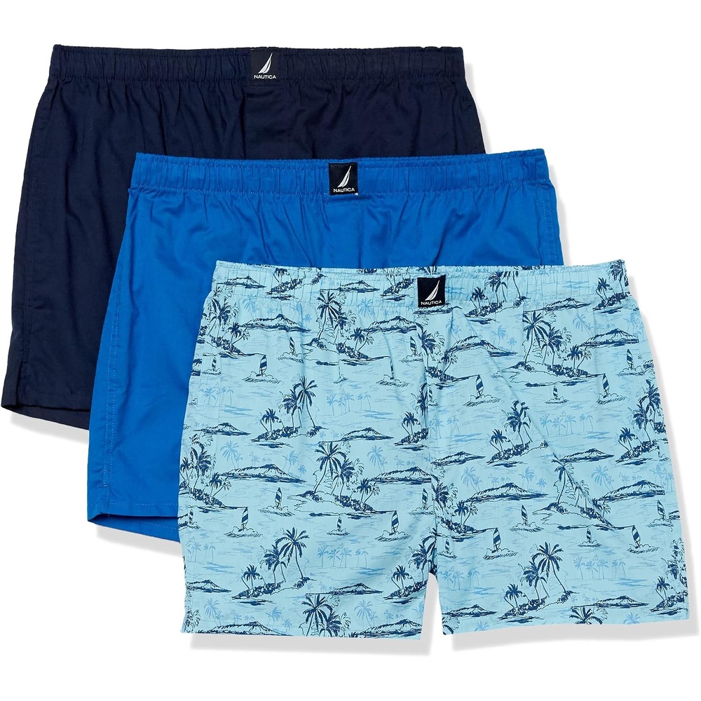 image:imageNautica Mens Classic Cotton 3Pack Woven BoxersSpinner BluePeacoatTropical Scenic Print