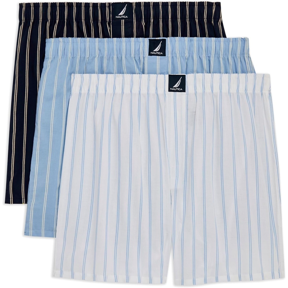 image:imageNautica Mens Classic Cotton 3Pack Woven BoxersStripes Blue and White 3 Pack