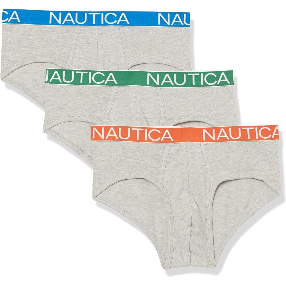 image:imageNautica Mens Classic Cotton Stretch 3Pack BriefsHeather Grey OrangePro BlueGreen Waistband