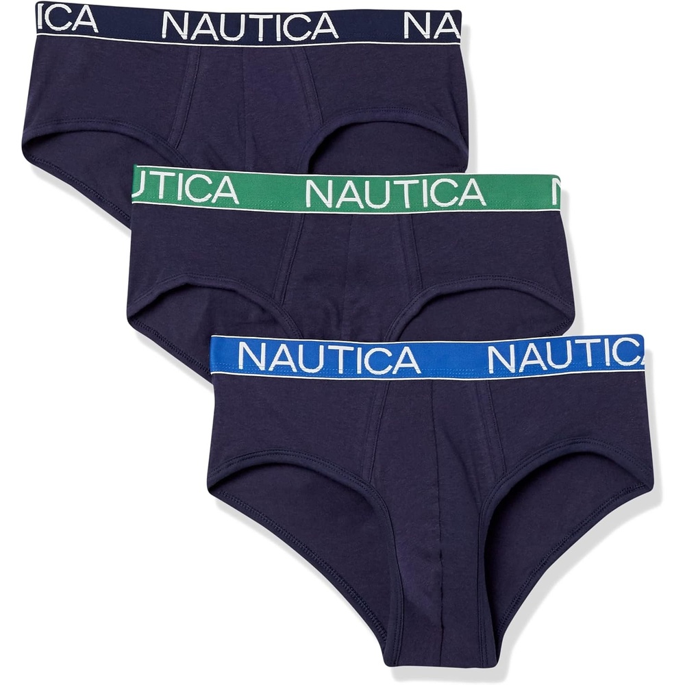 image:imageNautica Mens Classic Cotton Stretch 3Pack BriefsPeacoat  PeacoatGreenCobalt Waistband