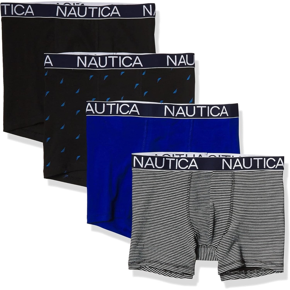 image:imageNautica Mens Cotton Stretch 4 Pack Boxer BriefsBlackBright CobaltStripe 2Sail Print