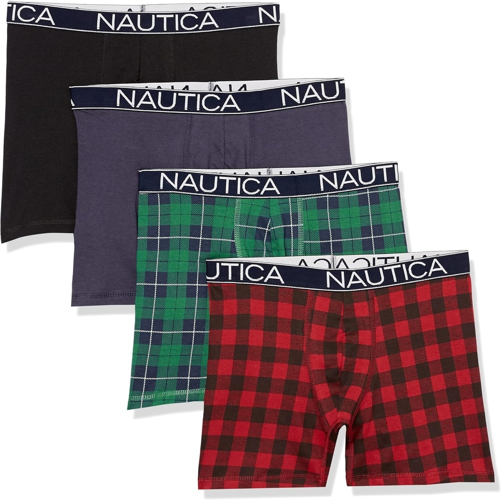 image:imageNautica Mens Cotton Stretch 4 Pack Boxer BriefsBlackPeacoatHoliday PlaidNautica Plaid