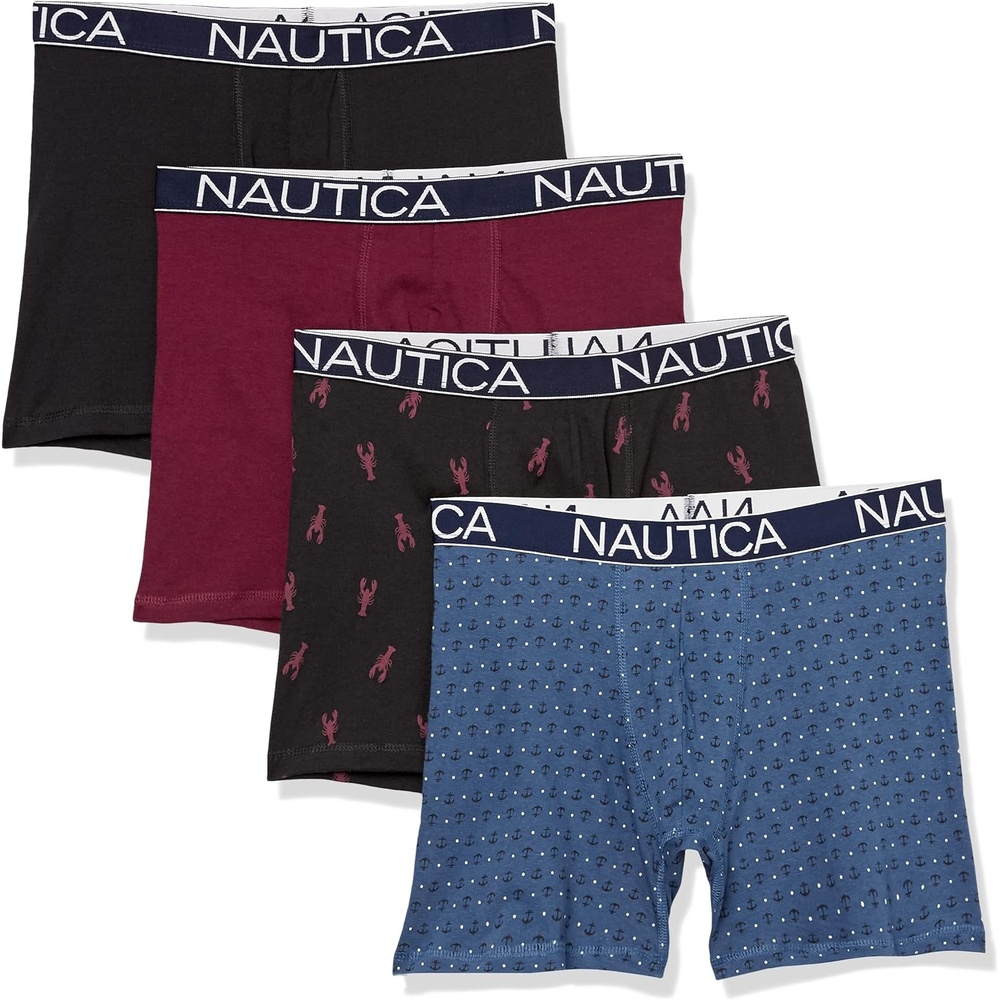 image:imageNautica Mens Cotton Stretch 4 Pack Boxer BriefsBlackTawny PortEnsign BlueLobster Print