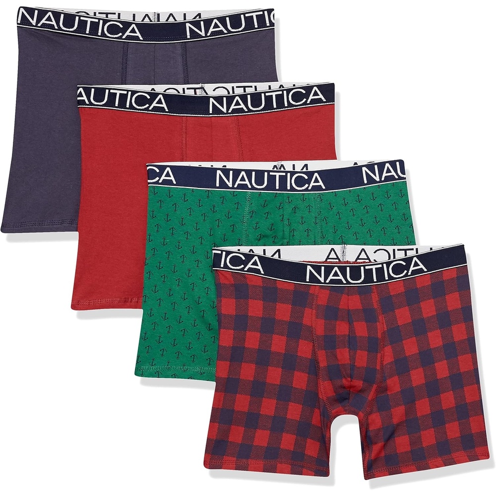 image:imageNautica Mens Cotton Stretch 4 Pack Boxer BriefsPeacoatNautica RedNautica PlaidAnchor Print