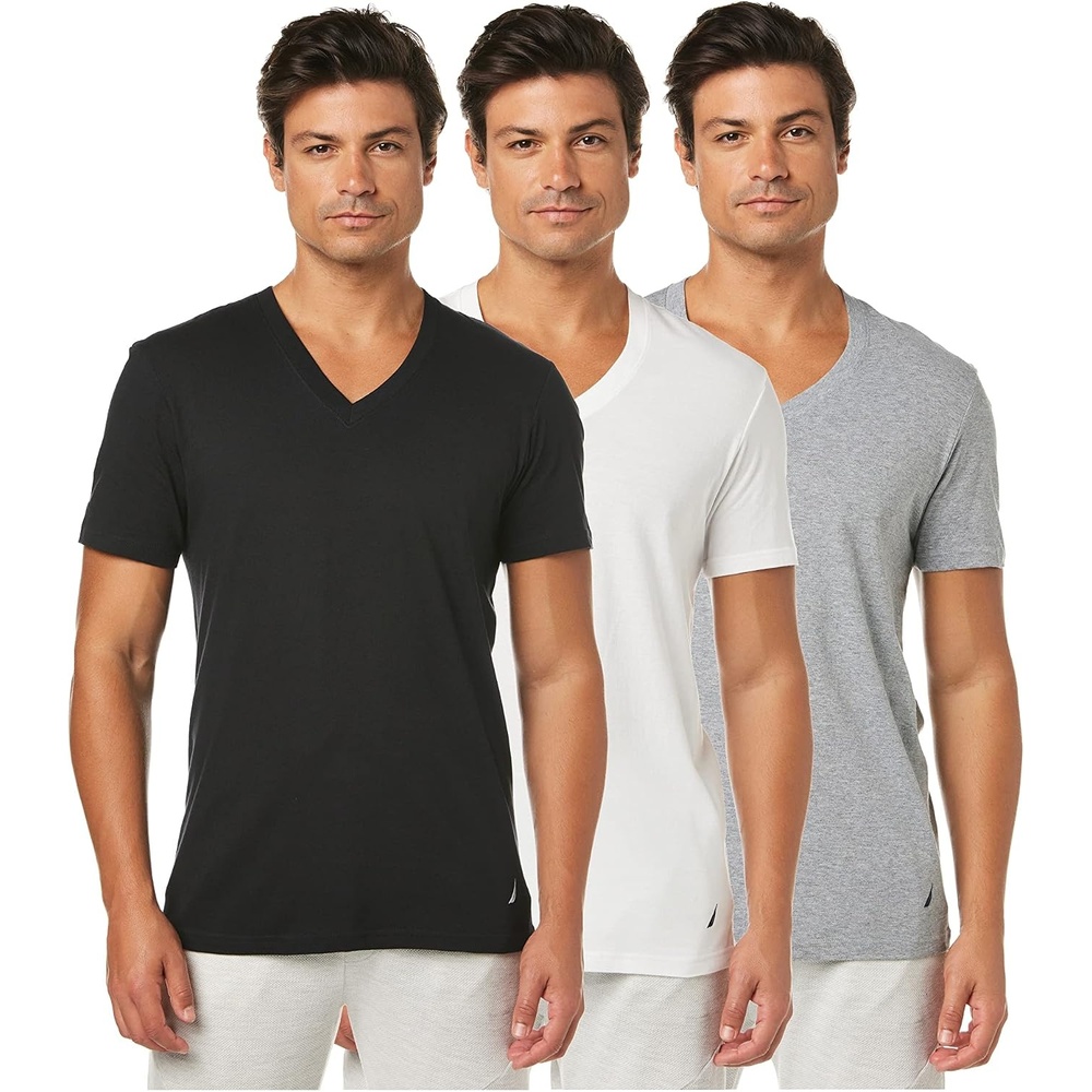 image:imageNautica Mens Cotton VNeck 3Pack TShirtsNew WhiteBlackHeather Grey 3 Pack